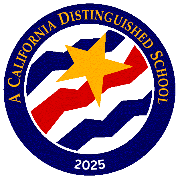 A California Distinguished School 2025 Award. Navy circle with red and blue strips in the middle with a big golden star.