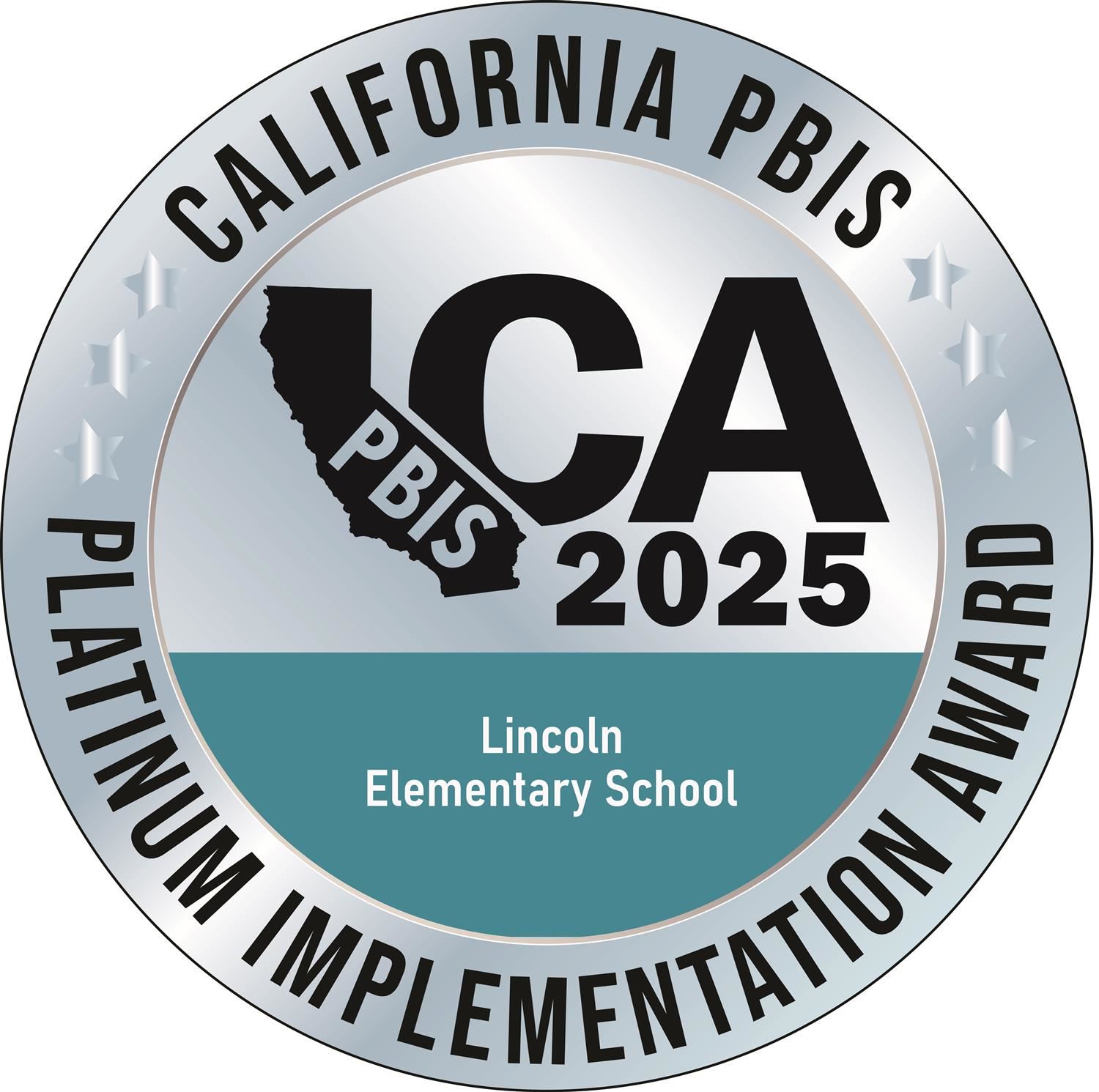 California PBIS Platinum Implmentation Award Logo. Image of California and large CA letters in black and logo in platinum col