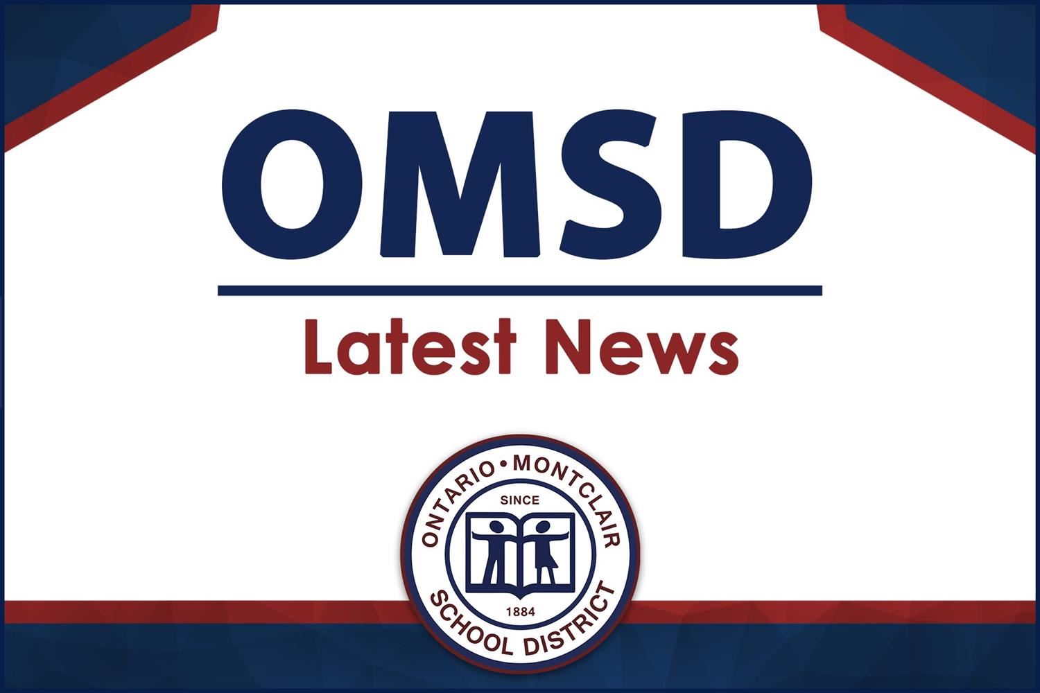 OMSD Latest News - Navy and dark red abstract shapes on the corners and across the bottom with geometric patterns inside. 