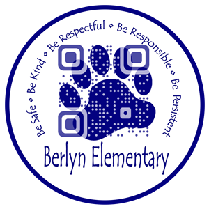 Berlyn Logo - Bear Paw with a QR code in the middle. Be Safe, Be Kind respectful, Be Responsible, Be Persistent