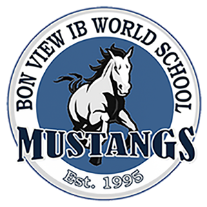 Bon View Elementary Logo - Showing a Horse Mustang in the circular logo with white border and a light blue in the middle. 