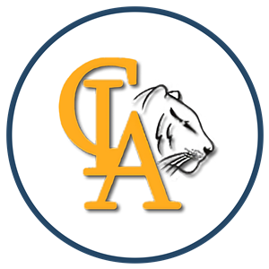 Central Language Academy Logo - White circle with bright golden letters for CLA and an image of their mascot nexto them.