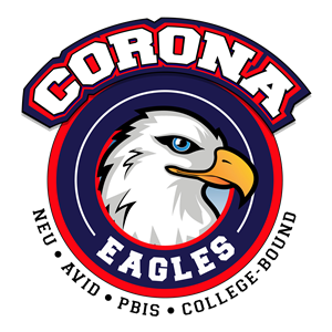Corona Elementary Logo - Circular logo with bright red and deep blue colors. Eagle mascot in the middle.