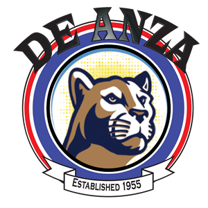 Logo - De Anza in bold black letters on top of circle with red, off blue color circles. Cougar mascot in middle. EST. 1955