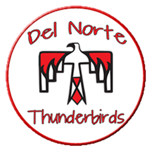Del Norte Logo - Circular logo in red and white colors- Image of a simplistic thunderbird. - Del Norte Thunderbrids