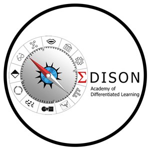 Edison Academy of Differentiated Learning - Circle logo in white and their main logo of a compass with varying symbols around