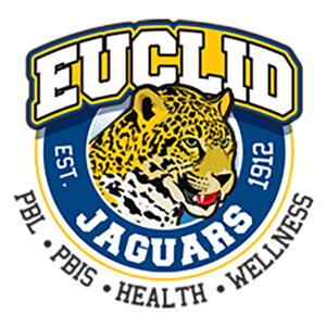 Euclid spelled out in bold letters on top of the circle. Jaguars in the bottom blue circle. Est. 1912 on the sides Jaguar mid