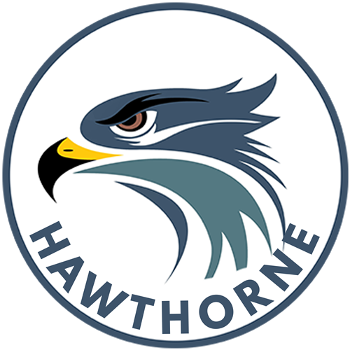 Hawthorne Elementary circle logo. Grey blue border and image of stylized hawk in the middle in those varying hues