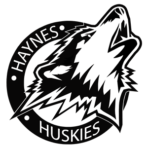 Haynes Logo - Black and white white giant Husky mascot come off the circle howling. Haynes skewed left, Huskies on the bottom