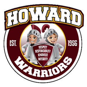 Howard Circle Logo - Howard spelled in bold white letters on circle. Knight mascots in middle. Warriors inside the circle.