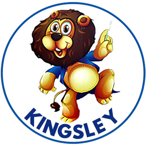 Kingsley Elementary Circle Logo - Light blue border and giant cartoony mascot in middle looking happy.
