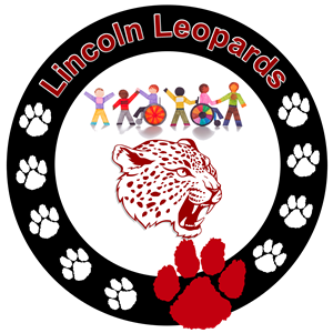 Lincolon Elementary Logo - Black border with paws inside and Lincoln Leopards. Mascot inside with kids on top clip art style