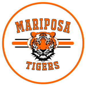 Mariposa Elementary Logo - Orange border with Mariposa in bold orange letters in middle tiger mascot head. Tigers underneath