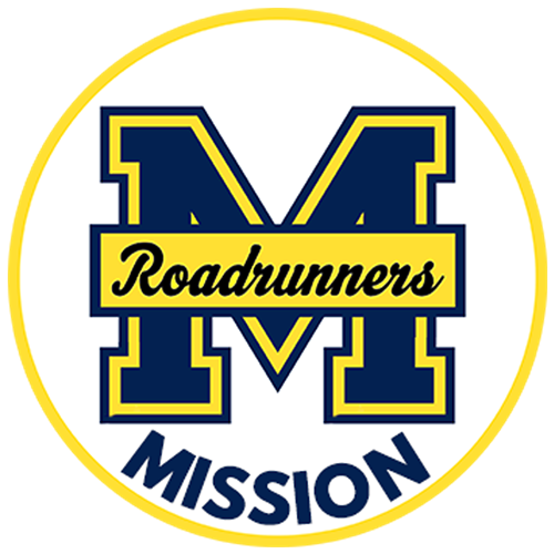 Mission Elementary Circle Logo- Yellow border. Middle giant M in block text in navy with banner spelling Roadrunners over it