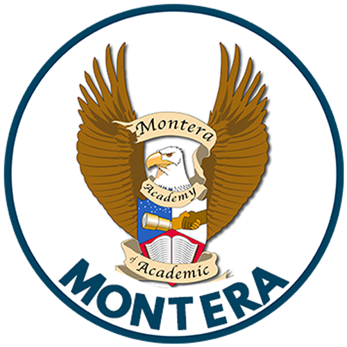Montera Elementary - Circle Logo dark blue border with eagle mascot with wings up holding a crest and banners. Academic 