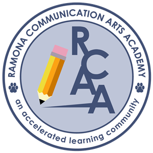 Ramona Communications Arts Academy spelled in the white circle border. Cartoon pencil with RCAA in navy stacked on top 