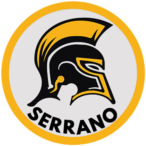 Logo - Serrano Middle School thick gold circle border with the Mascot emblem of a stylized Spartan Helmet in black and gold
