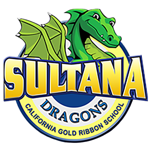 Sultana spelled out in bold block text yellow gradient. Cartoon green dragon on top. circle with dragons inside.