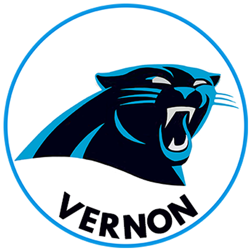 Logo - Vernon Middle School teal circle border. Inside a giant stylized panther head in teal and black roaring outwards.