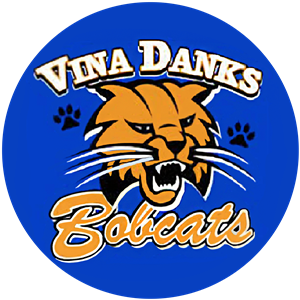 Logo - Light blue circle with Vina Danks in bold letters inside. Middle Bobcat cartoon in orange. Bobcats on bottom in orange