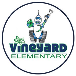 Logo - Vineyard spelled in bold lettering in dark blue. Elementary in green. Robot mascot with diploma in hand raised up.