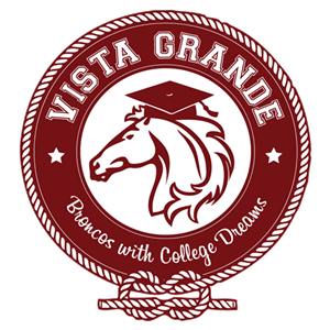 Logo - Vista Grande in block lettering spelled inside red circle. Bronco outline in middle. Broncos with college dreams. 