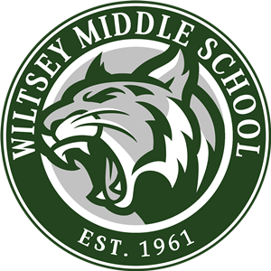 Logo - Wiltsey Middle School in bold letters inside green circle border. Middle stylized wildcat mascot roaring to the left. 