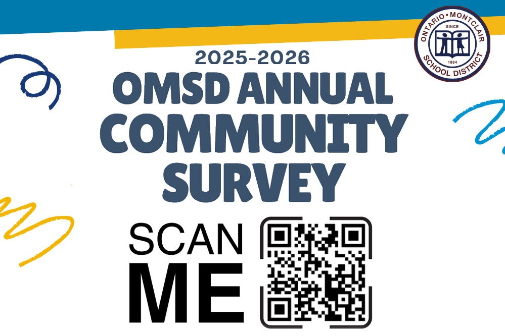  Abstract shapes in blue and yellow. OMSD Annual Community Survey with QR Code - Scan Me
