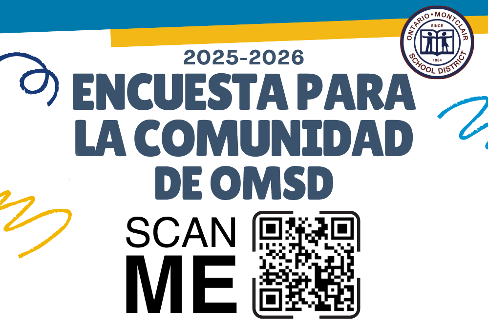  Abstract shapes in blue and yellow. OMSD Annual Community Survey with QR Code - Scan Me